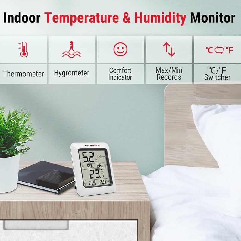 ThermoPro TP50 Digitális Hőmérő és Páratartalom Mérő - Szobai Hőmérséklet Monitor Komfort Zóna Jelzéssel, Mágneses Tartóval, Asztali Állvánn