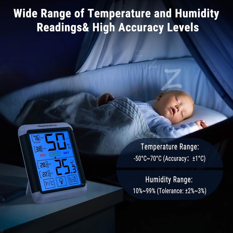 ThermoPro TP55 Digitális Hőmérő és Páratartalom Mérő - 2 db-os Szett Beltéri Klímafigyeléshez, Érintőképernyős, Háttérvilágítással, Min/Max 