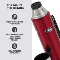 Nerezová termoska Thermos Stainless King červená 1,2 l s pohárom a rukoväťou, 12 h teplá, 24 h studená, vhodná do umývačky riadu, BP 4