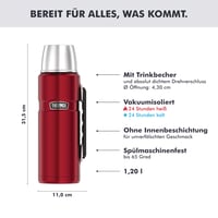 Nerezová termoska Thermos Stainless King červená 1,2 l s pohárom a rukoväťou, 12 h teplá, 24 h studená, vhodná do umývačky riadu, BP 3
