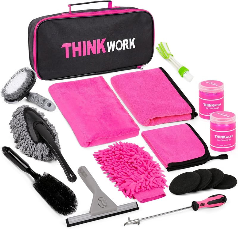 THINKWORK 17 részes autóápolási szett belső-külső tisztításhoz rózsaszín