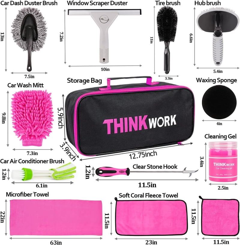 THINKWORK 17 részes autóápolási szett belső-külső tisztításhoz rózsaszín