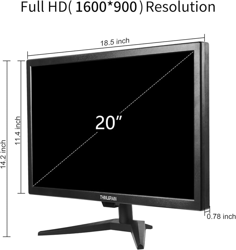 Thinlerain 20" LED Monitor 1600x900 Felbontással - Beépített Hangszóróval, HDMI/VGA/BNC/AV Csatlakozókkal, Fire Stick Kompatibilis, VESA Rög