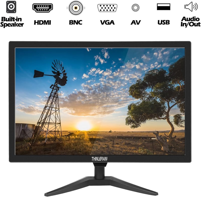 Thinlerain 20" LED Monitor 1600x900 Felbontással - Beépített Hangszóróval, HDMI/VGA/BNC/AV Csatlakozókkal, Fire Stick Kompatibilis, VESA Rög