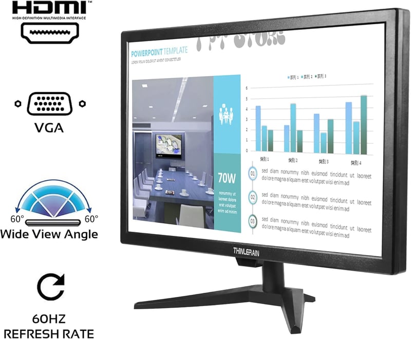 Thinlerain 20" LED Monitor 1600x900 Felbontással - Beépített Hangszóróval, HDMI/VGA/BNC/AV Csatlakozókkal, Fire Stick Kompatibilis, VESA Rög