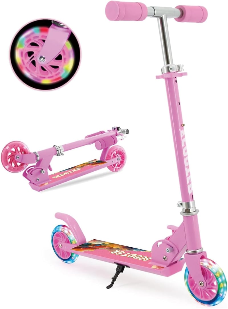 ThleeWay pink összecsukható gyerek roller 3-5 év, 2 LED villogó kerék, magasságállítható kormány 3 fokozat, könnyű sport roller lányoknak és