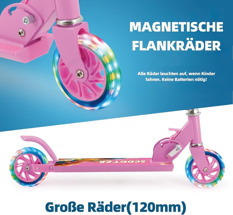 ThleeWay pink összecsukható gyerek roller 3-5 év, 2 LED villogó kerék, magasságállítható kormány 3 fokozat, könnyű sport roller lányoknak és