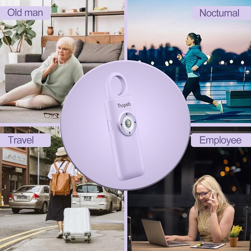 Thopeb Önvédelmi Kulcstartó Nőknek - 130 dB Hangos Riasztó, LED Villogó Fény, Vészjelző, Lila Színben, CR2032 Elemmel, 300m Hatótávolság