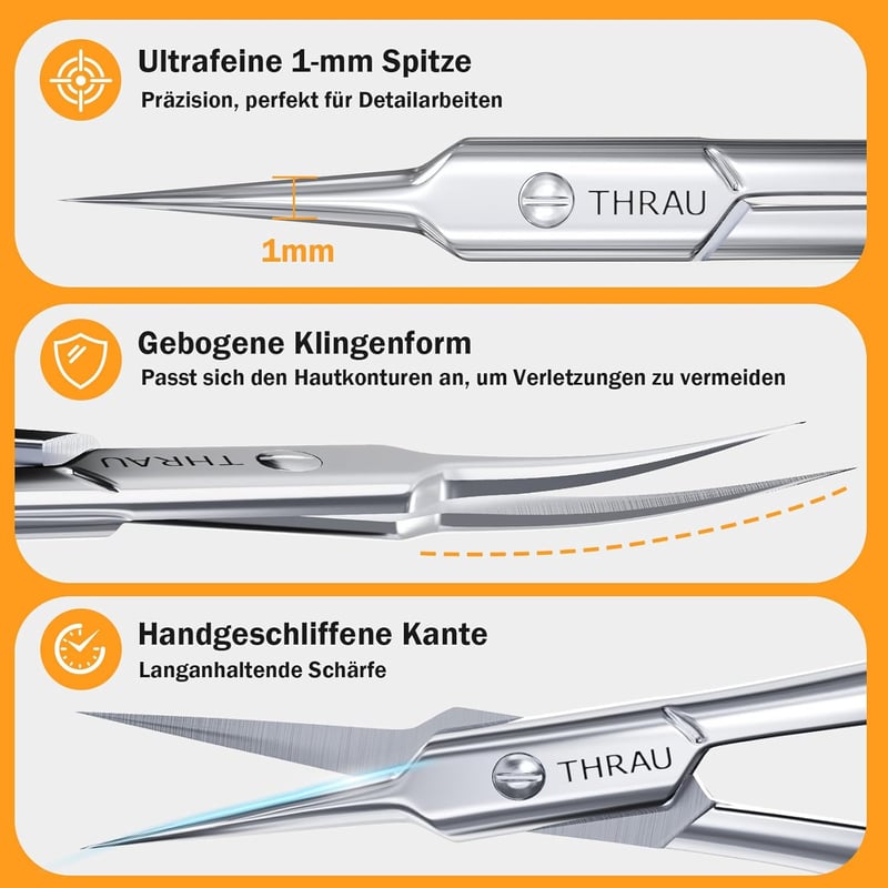 THRAU Precíz Körömágy Olló Görbített Csúccsal - Rozsdamentes Manikűr Pedikűr Körömvágó