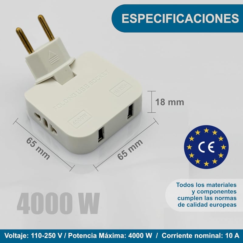 Three Stars 4000W Elosztó 4 Aljzat 2 USB Töltőport 180° Forgófejes Falitöltő