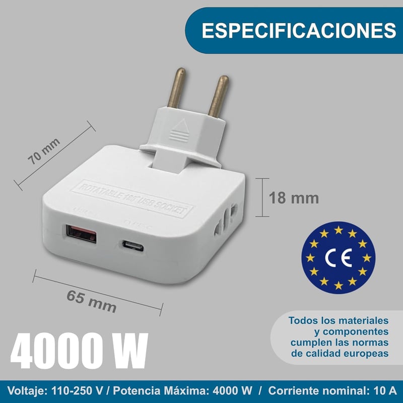 Three Stars Lapos Elosztó USB-C és USB-A Portokkal 4000W Háromfoglalatos Fehér