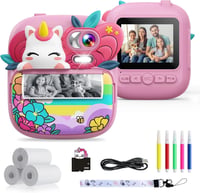 TIATUA gyerek azonnali fényképezőgép 1080P 2.4 hüvelykes nyomtatóval 32GB kártya 3 papírtekercs pink unikornis 3-14 éveseknek 1