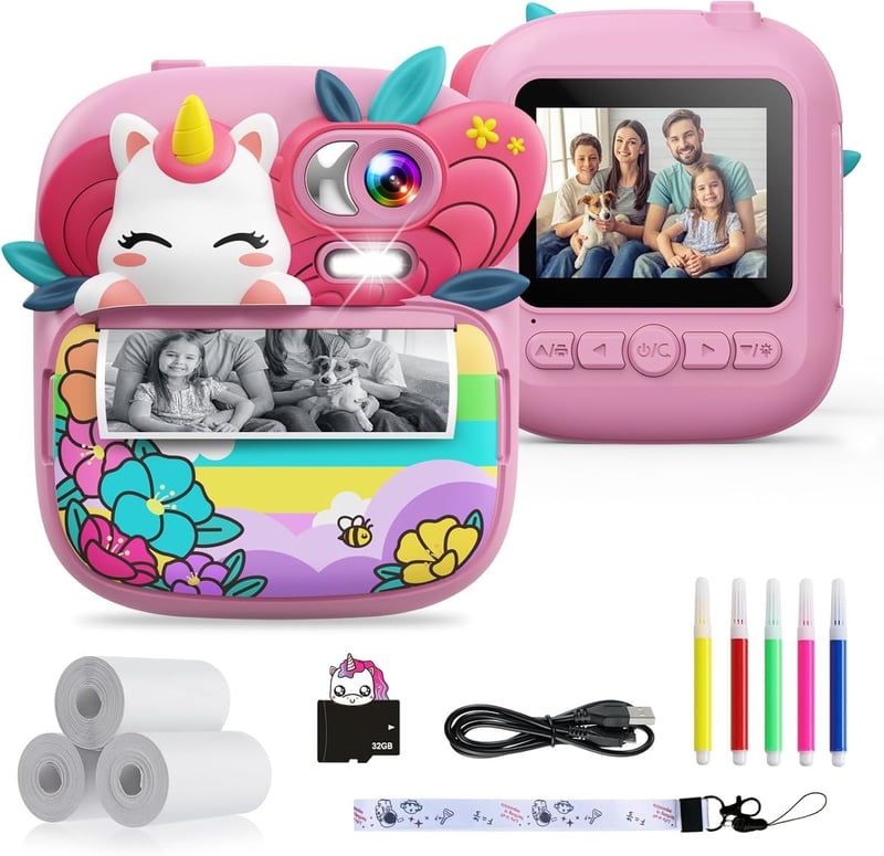 TIATUA gyerek azonnali fényképezőgép 1080P 2.4 hüvelykes nyomtatóval 32GB kártya 3 papírtekercs pink unikornis 3-14 éveseknek