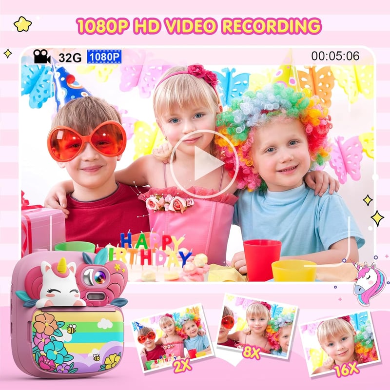TIATUA gyerek azonnali fényképezőgép 1080P 2.4 hüvelykes nyomtatóval 32GB kártya 3 papírtekercs pink unikornis 3-14 éveseknek