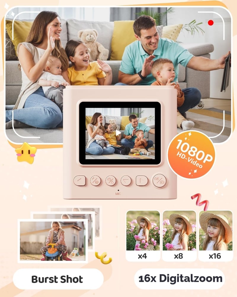 TIATUA Gyerek azonnali fényképezőgép 2.4 inch, 32G kártyával és fotópapír nyomatokkal, 1080P HD, barna, ajándék 3-12 éveseknek