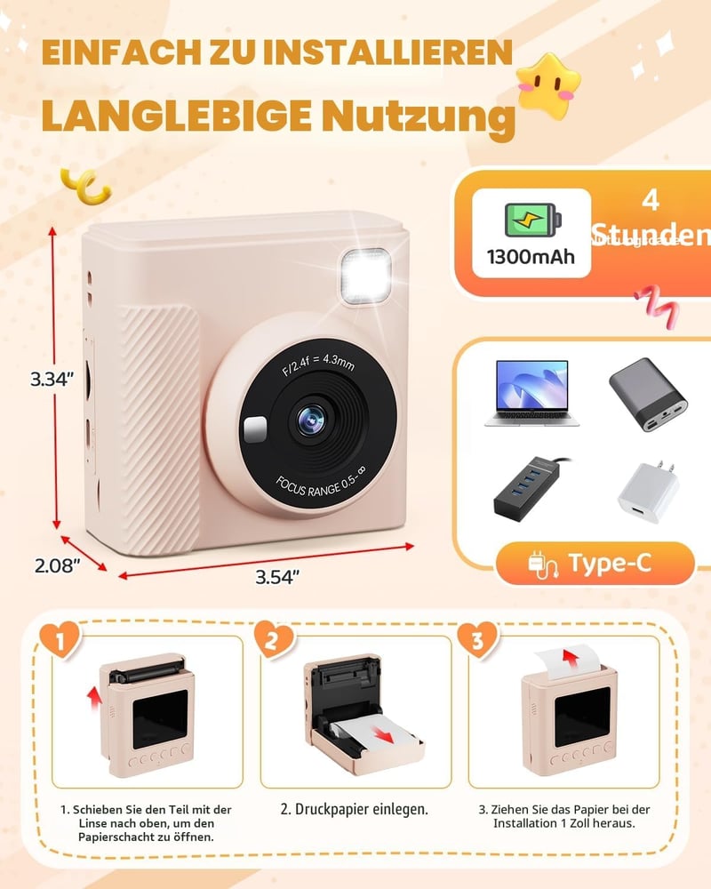 TIATUA Gyerek azonnali fényképezőgép 2.4 inch, 32G kártyával és fotópapír nyomatokkal, 1080P HD, barna, ajándék 3-12 éveseknek