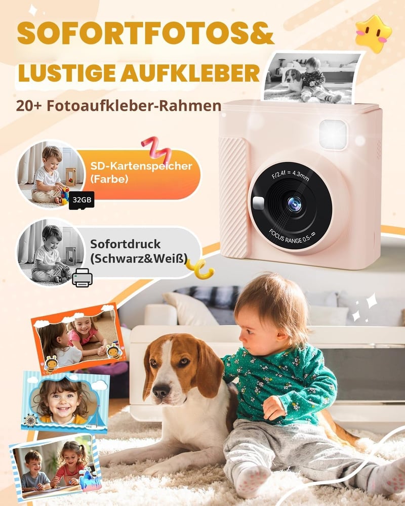 TIATUA Gyerek azonnali fényképezőgép 2.4 inch, 32G kártyával és fotópapír nyomatokkal, 1080P HD, barna, ajándék 3-12 éveseknek