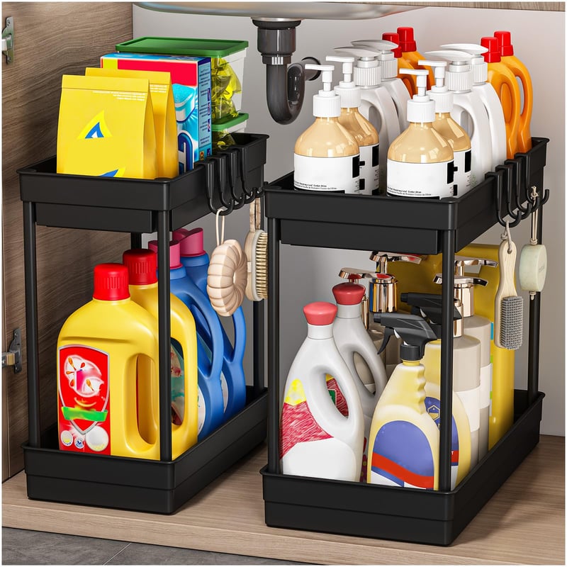 TidyTrove Set 2 organizatoare pentru spațiul de sub chiuvetă, raft de depozitare pe 2 niveluri pentru bucătărie și baie, 31x33,5x16 cm, negru