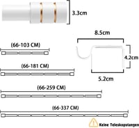 Tiemlet Állítható Fehér Függönyrúd 64-259 cm - 2,5 cm Átmérőjű Rozsdamentes Acél Karnis Sapka Gombokkal és 3 Tartókonzollal Ablakokhoz 3