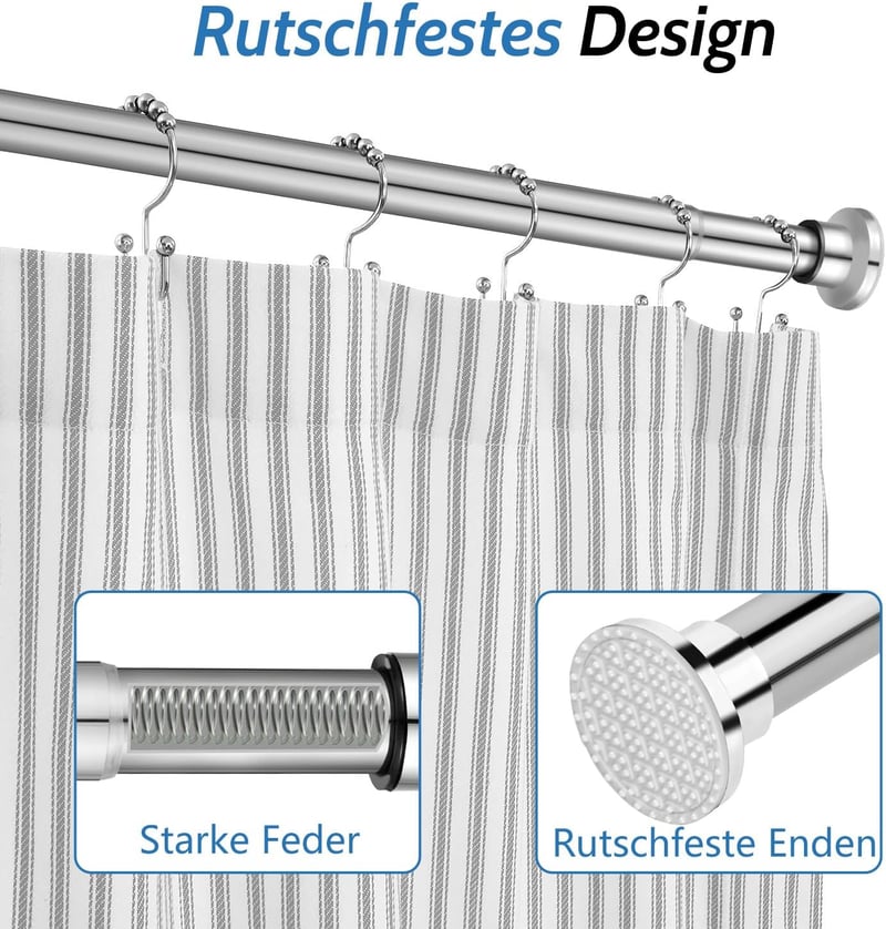 Tiemlet Ezüst Zuhanyfüggöny Rúd 70-195 cm - Rozsdamentes Acél Teleszkópos Rúd Fúrás Nélkül, Csúszásgátló Gumivégekkel, Kádhoz és Zuhanyzóhoz