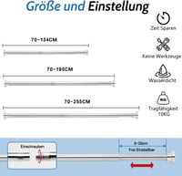 Tiemlet Ezüst Zuhanyfüggöny Rúd 70-195 cm - Rozsdamentes Acél Teleszkópos Rúd Fúrás Nélkül, Csúszásgátló Gumivégekkel, Kádhoz és Zuhanyzóhoz 3