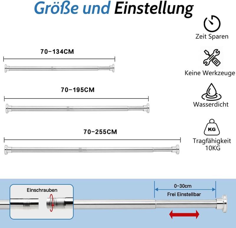 Tiemlet Ezüst Zuhanyfüggöny Rúd 70-195 cm - Rozsdamentes Acél Teleszkópos Rúd Fúrás Nélkül, Csúszásgátló Gumivégekkel, Kádhoz és Zuhanyzóhoz