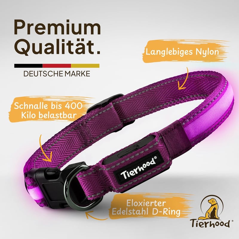 Tierhood LED kutya nyakörv M méret - USB töltős, vízálló, világító