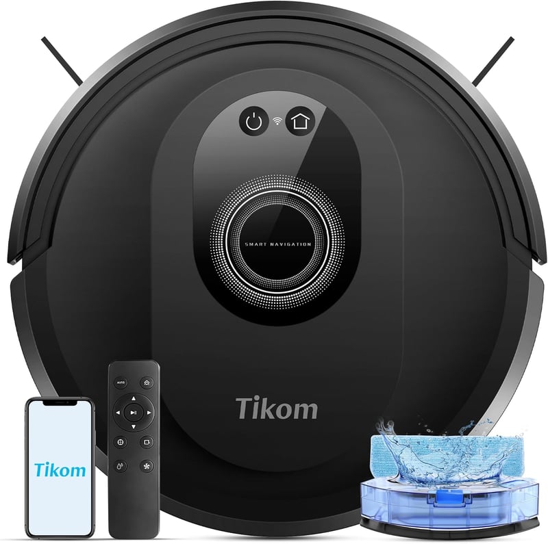 Tikom G8000 Max Robotporszívó Felmosó Funkcióval, 5000Pa Szívóerő, 150 Perces Üzemidő, WiFi, Öntöltő, Ideális Szőnyegre és Állatszőrre