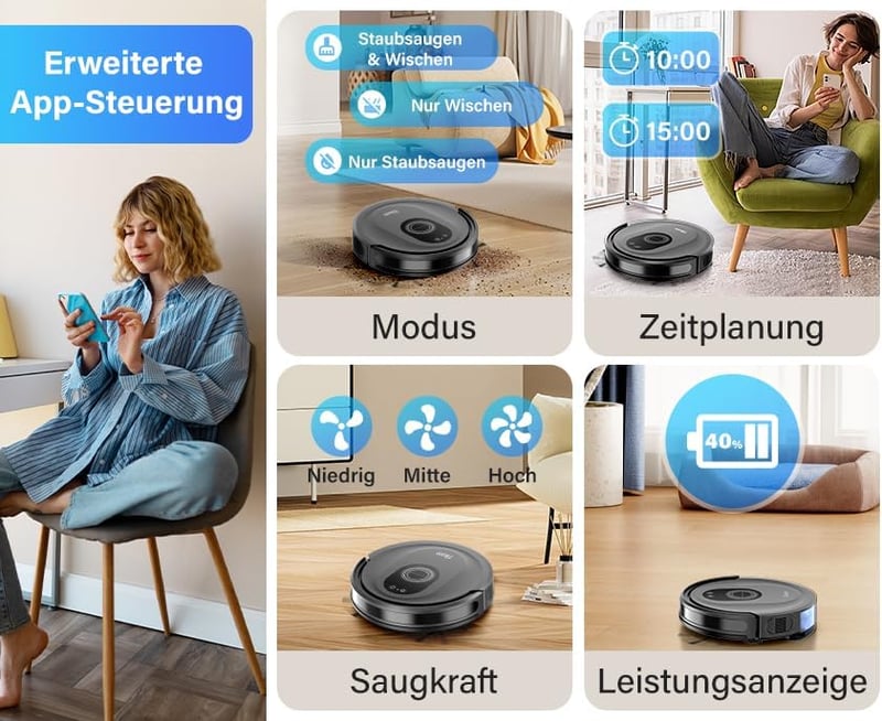 Tikom G8000 Max Robotporszívó Felmosó Funkcióval, 5000Pa Szívóerő, 150 Perces Üzemidő, WiFi, Öntöltő, Ideális Szőnyegre és Állatszőrre