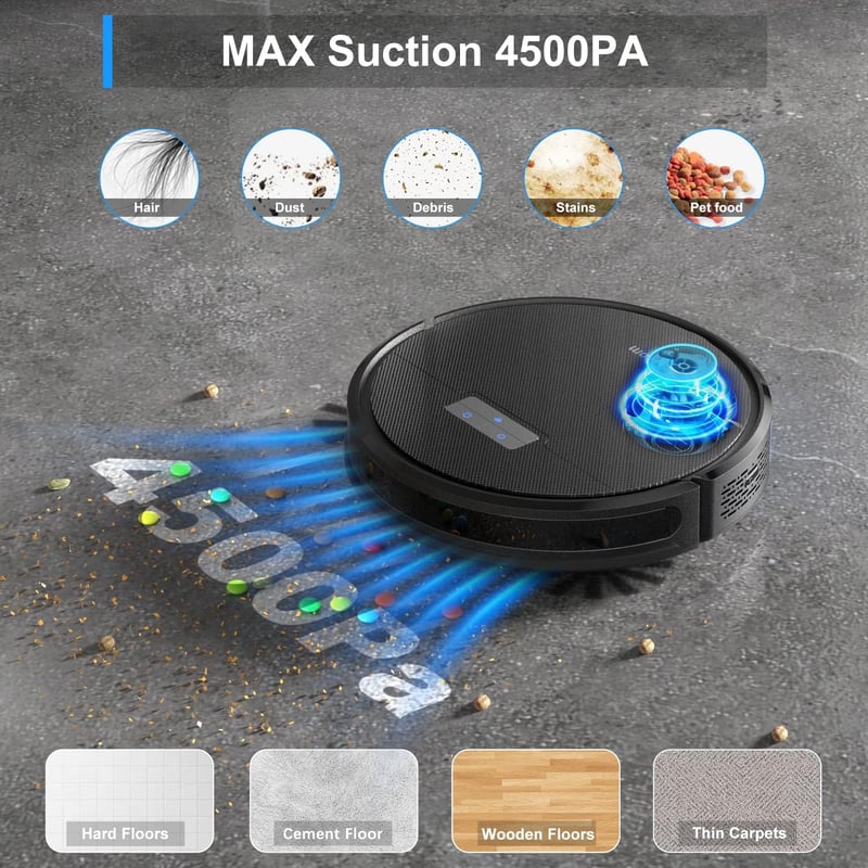 Tikom G8000 Pro Robotporszívó Felmosó Funkcióval, 4500Pa Szívóerő, 2,5 Óra Üzemidő, WiFi, Okosotthon Kompatibilis, Állatszőrre, Szőnyegre, K