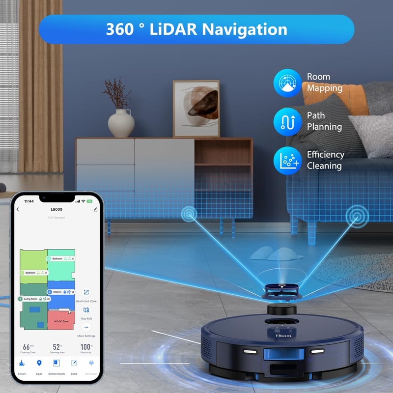Tikom L9000 Robotporszívó Felmosó Funkcióval, LiDAR Navigáció, 4000Pa Szívóerő, 150 Perc Üzemidő, WiFi, 14 Tiltott Zóna, Szőnyegre, Kemény P