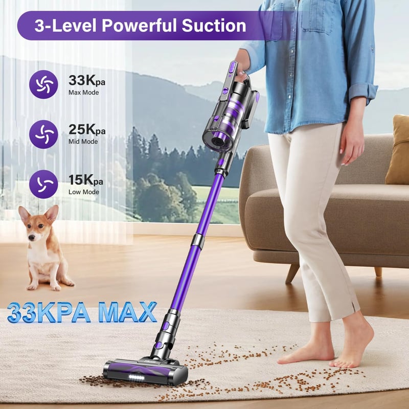 Tikom V700 Vezeték Nélküli Porszívó 450W - 33000Pa Szívóerő, 40 Perc Üzemidő, 1,3L Portartály, 6 LED Lámpa, Lila, Szőnyeghez, Állatszőrhöz
