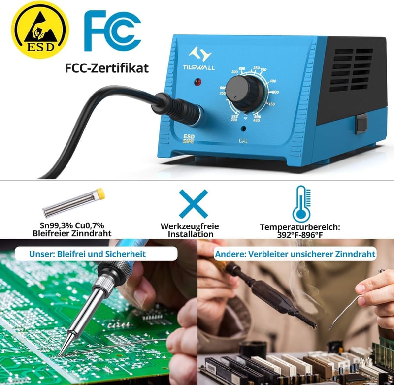 Tilswall 65W Digitális Forrasztóállomás 200-480°C Hőmérséklet-szabályozással, 5 Cserélhető Heggyel, Beépített Transzformátorral - Hobbi és P