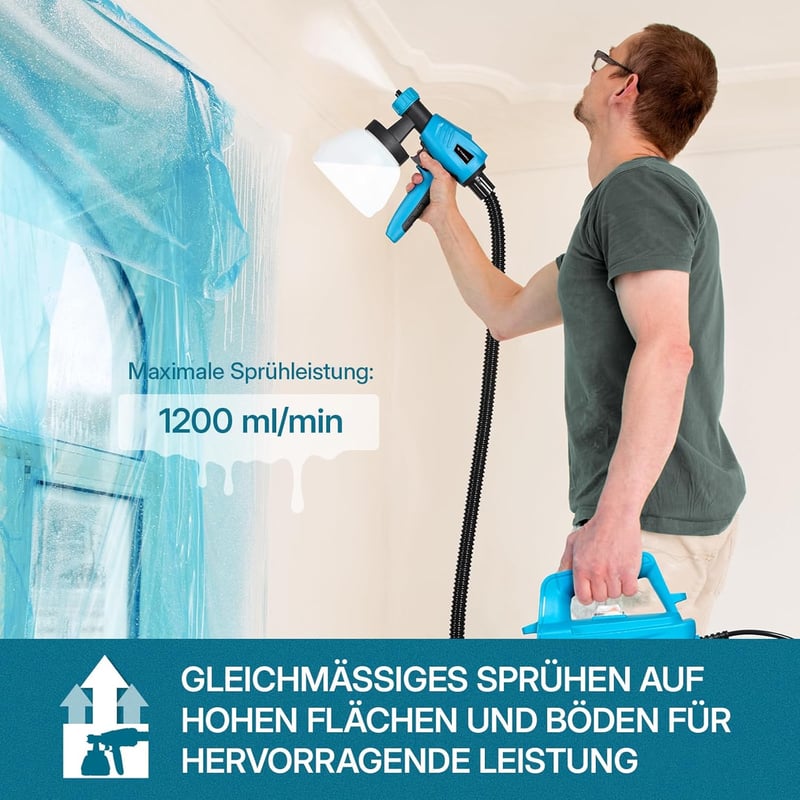 Tilswall 800W elektromos festékszóró 1300ml tartállyal 3 fúvókával és 2,5m csővel - blue