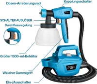 Tilswall 800W elektromos festékszóró 1300ml tartállyal 3 fúvókával és 2,5m csővel - blue 6