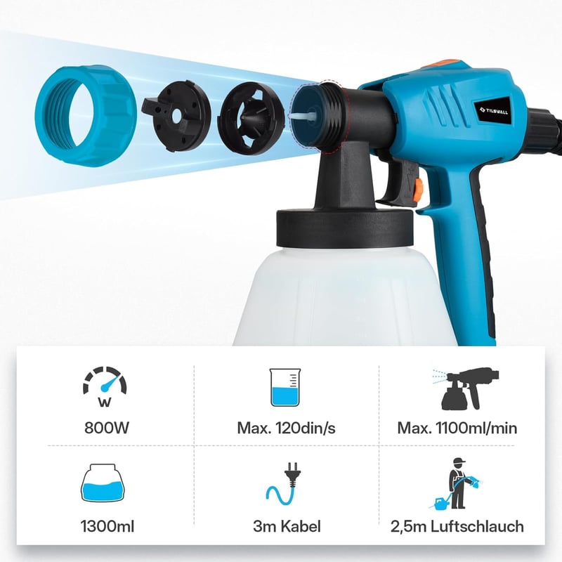 Tilswall 800W elektromos festékszóró 1300ml tartállyal 3 fúvókával és 2,5m csővel - blue