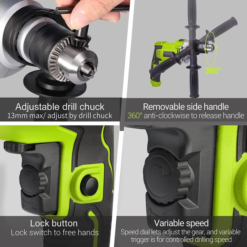 Tilswall 850W Kalapácsfúró 3000 RPM, 13mm Önzáró Tokmány, 15 Kiegészítő