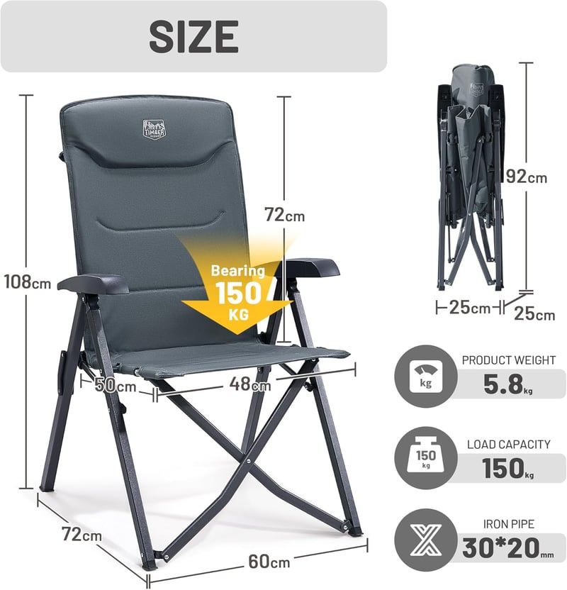TIMBER RIDGE Hordozható Kerti Szék 150 kg Összecsukható Camping Fotel 4 Pozíciós Relax Pihenőszék