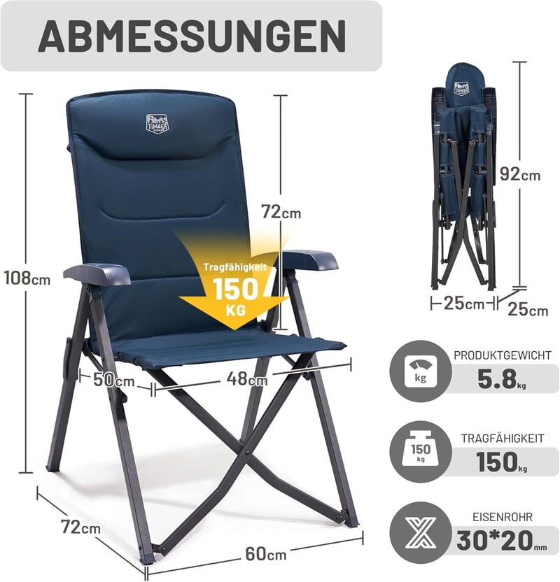 TIMBER RIDGE Összecsukható Camping Szék 150kg Terhelhetőség 4 Pozíciós Alumínium Kempingszék Táskával