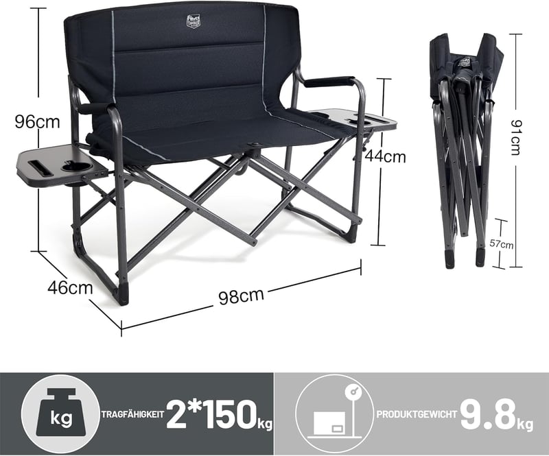 TIMBER RIDGE XXL 2 személyes összecsukható kempingszék 300 kg teherbírás oldalsó asztallal