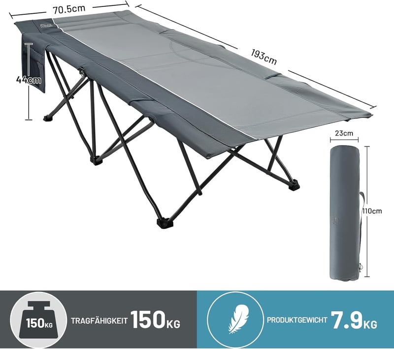 TIMBER RIDGE XXL Összecsukható Kemping Ágy 150 kg, 193x71 cm, Hordozható