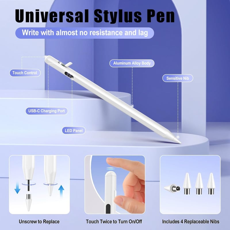 TiMOVO Érintőképernyős Stylus Toll - Gyorstöltős, iPad/iPhone/Android Kompatibilis, LED Töltésjelzővel, Mágneses Rögzítéssel, 8 Órás Üzemidő