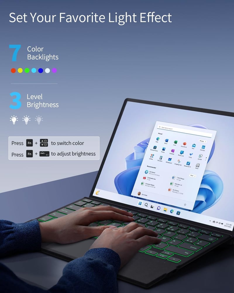 TiMOVO vezeték nélküli Bluetooth billentyűzet 7 színű LED háttérvilágítással, AZERTY kiosztással Microsoft Surface Pro 7/6/4/3 készülékekhez