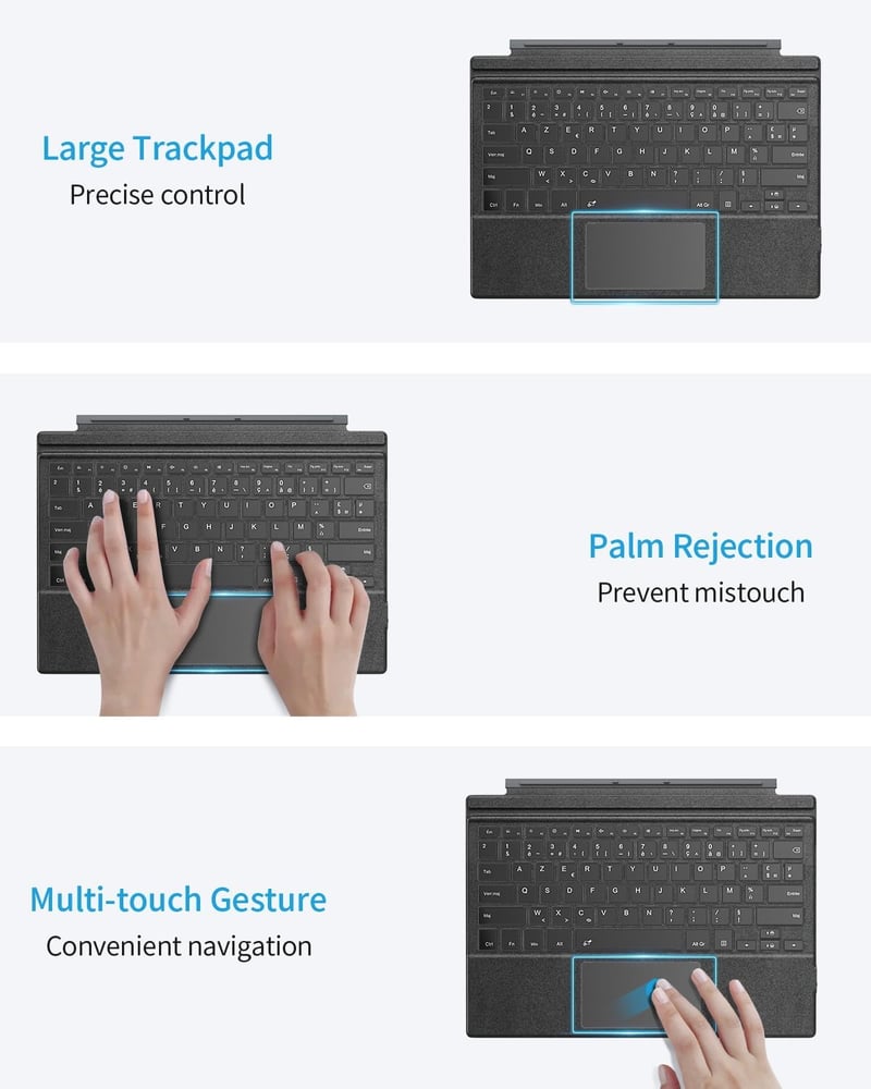 TiMOVO vezeték nélküli Bluetooth billentyűzet 7 színű LED háttérvilágítással, AZERTY kiosztással Microsoft Surface Pro 7/6/4/3 készülékekhez