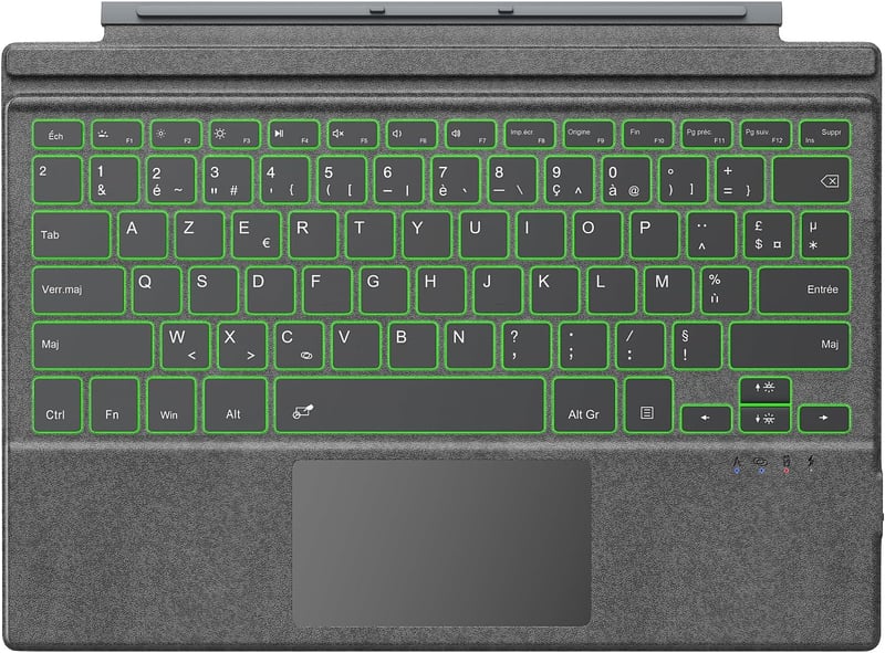 TiMOVO vezeték nélküli Bluetooth billentyűzet 7 színű LED háttérvilágítással, AZERTY kiosztással Microsoft Surface Pro 7/6/4/3 készülékekhez