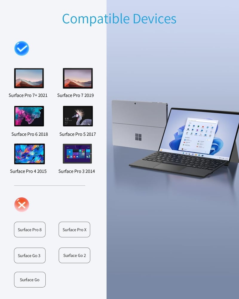 TiMOVO vezeték nélküli Bluetooth billentyűzet 7 színű LED háttérvilágítással, AZERTY kiosztással Microsoft Surface Pro 7/6/4/3 készülékekhez