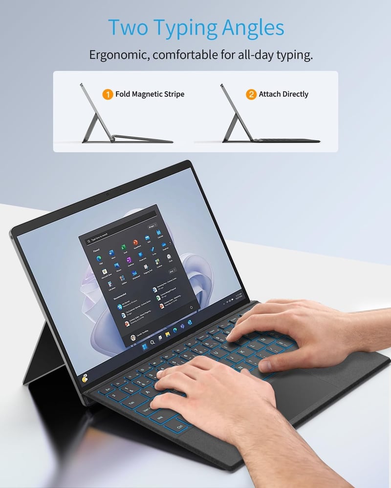 TiMOVO vezeték nélküli Bluetooth billentyűzet 7 színű LED háttérvilágítással, AZERTY kiosztással Microsoft Surface Pro 7/6/4/3 készülékekhez