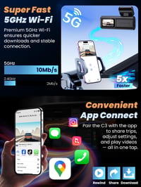 Cameră auto de bord TINAZEOK C3 4K + 1080P, față și spate, card SD 64GB, Wi-Fi 5GHz, vedere pe timp de noapte, monitorizare parcare 24H, senzor G, WDR, unghi vizual 170° 3