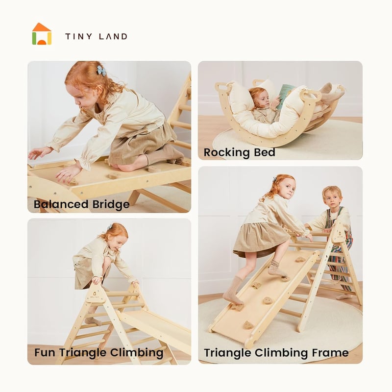 Tiny Land 3 az 1-ben Montessori Kletterdreieck Összecsukható Fa Mászóka 2-6 Éves Gyerekeknek