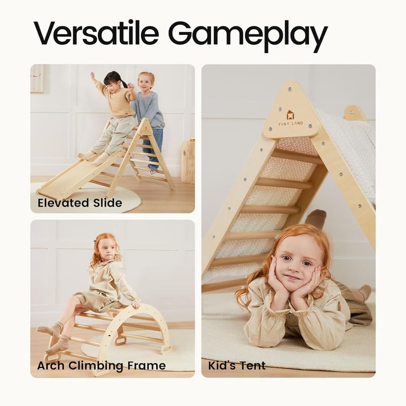 Tiny Land 3 az 1-ben Montessori Kletterdreieck Összecsukható Fa Mászóka 2-6 Éves Gyerekeknek